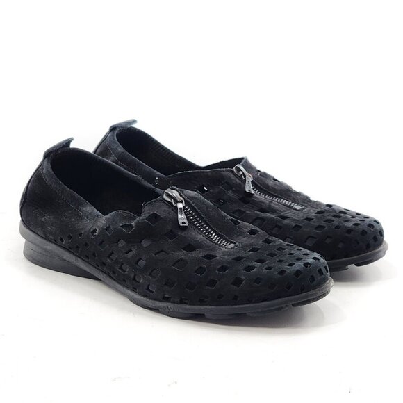 ARCHE Black Nubuck Leather Perforated Flats Zip - Picture 1 of 7